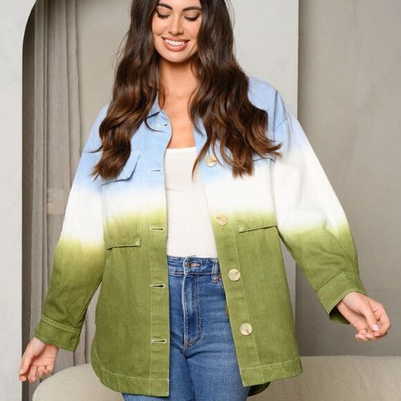 NEW! Boho Women's Long Sleeve Button Front Tie Dye Cotton Denim Shacket Shirt - Picture 2 of 3